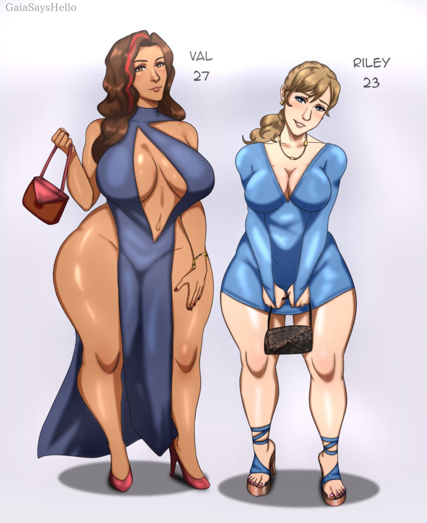 2girls aged_up artist_name artist_signature blonde_hair blue_eyes brown_eyes brown_hair clothed clothing curvaceous curvy disney dress duo feet gaiasayshello heels inside_out inside_out_2 latina looking_at_viewer makeup pixar purse riley_andersen standing taller_girl thick_thighs toes two-tone_hair valentina_ortiz wide_hips