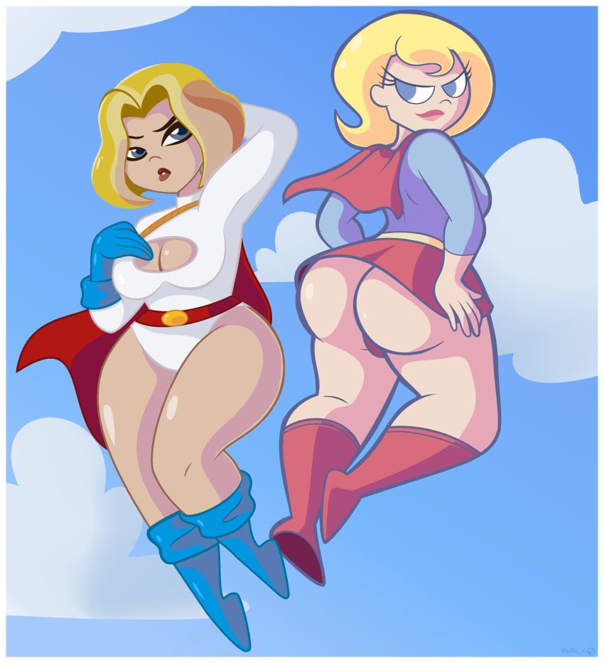 2girls ass big_ass big_breasts blonde_hair blue_eyes breasts cleavage crossover dc dc_comics dc_super_hero_girls female female_only kara_danvers kara_zor-el kryptonian light-skinned_female light_skin pills-in-a-little-cup power_girl rear_view super_best_friends_forever supergirl thick_thighs upskirt wide_hips