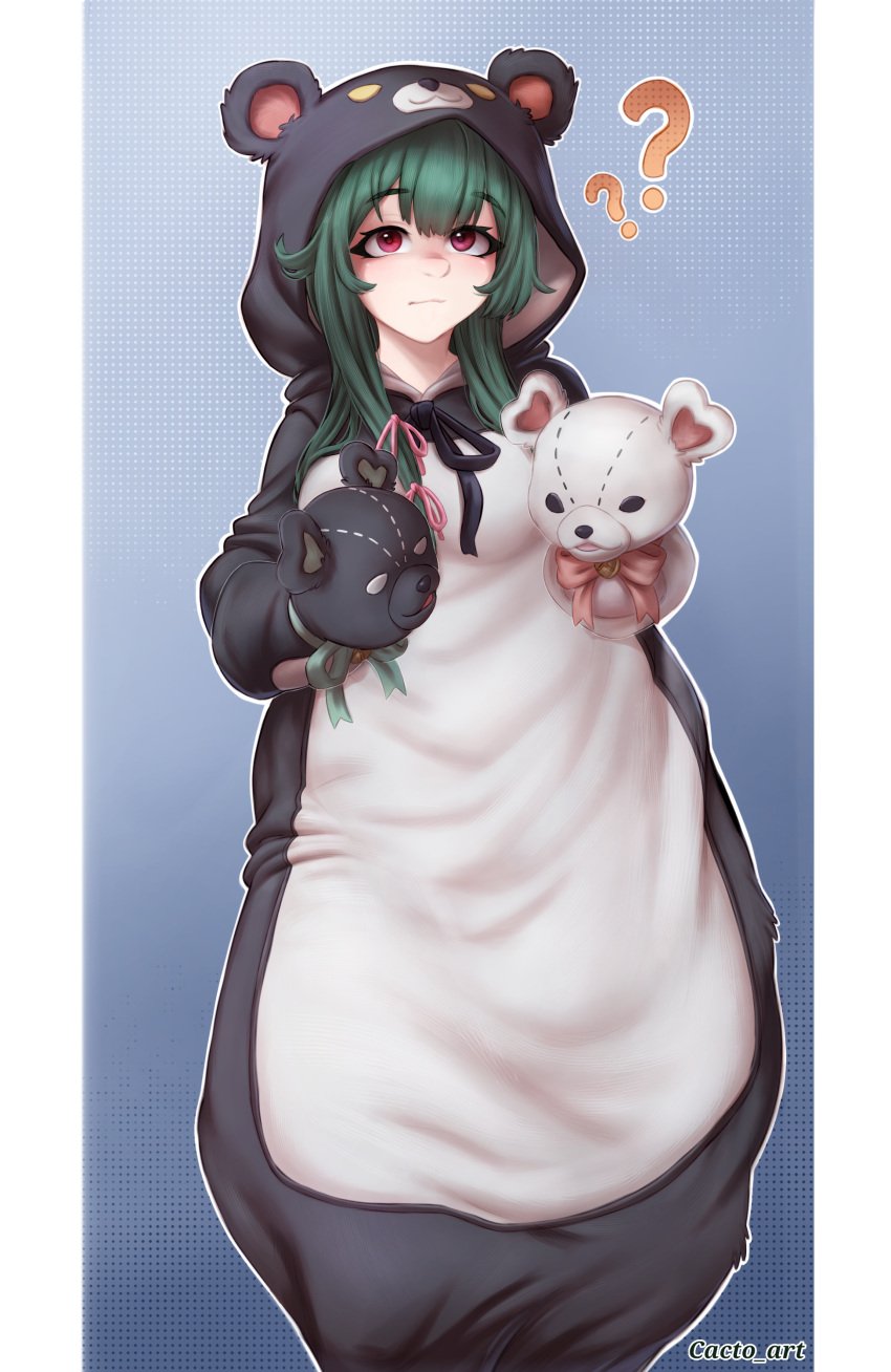 1girls bear_ears bear_outfit cacto_art eyebrows eyebrows_visible_through_hair eyelashes female female_only gloves green_hair hair hair_ribbon kigurumi kuma_kuma_kuma_bear long_hair looking_at_viewer onesie pink_ribbon purple_eyes question_mark ribbon solo solo_female yuna_(kuma_kuma_kuma_bear)