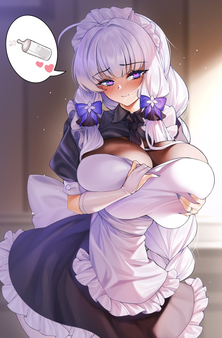 absurdres alternate_costume apron azur_lane back_bow between_breasts black_dress black_necktie blue_eyes blue_ribbon blush bottle bow breasts bridal_gauntlets collared_dress cowboy_shot dress female frilled_apron frilled_dress frills grabbing_own_breast hair_ribbon heart heart-shaped_pupils highres huge_breasts illustrious_(azur_lane) indoors jewelry long_hair maid_apron maid_headdress milk_bottle necktie necktie_between_breasts puffy_short_sleeves puffy_sleeves ribbon ring short_sleeves solo speech_bubble spoken_heart spoken_object symbol-shaped_pupils tufang variant_set very_long_hair wedding_ring white_apron white_hair