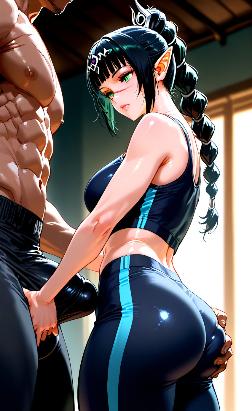 1girls ai_generated ass_grab black_hair braided_hair bulge bulge_through_clothing circlet dark-skinned_male erection erection_under_clothes green_eyes gym gym_uniform huge_cock muscular_male scar shadowheart yoga_pants