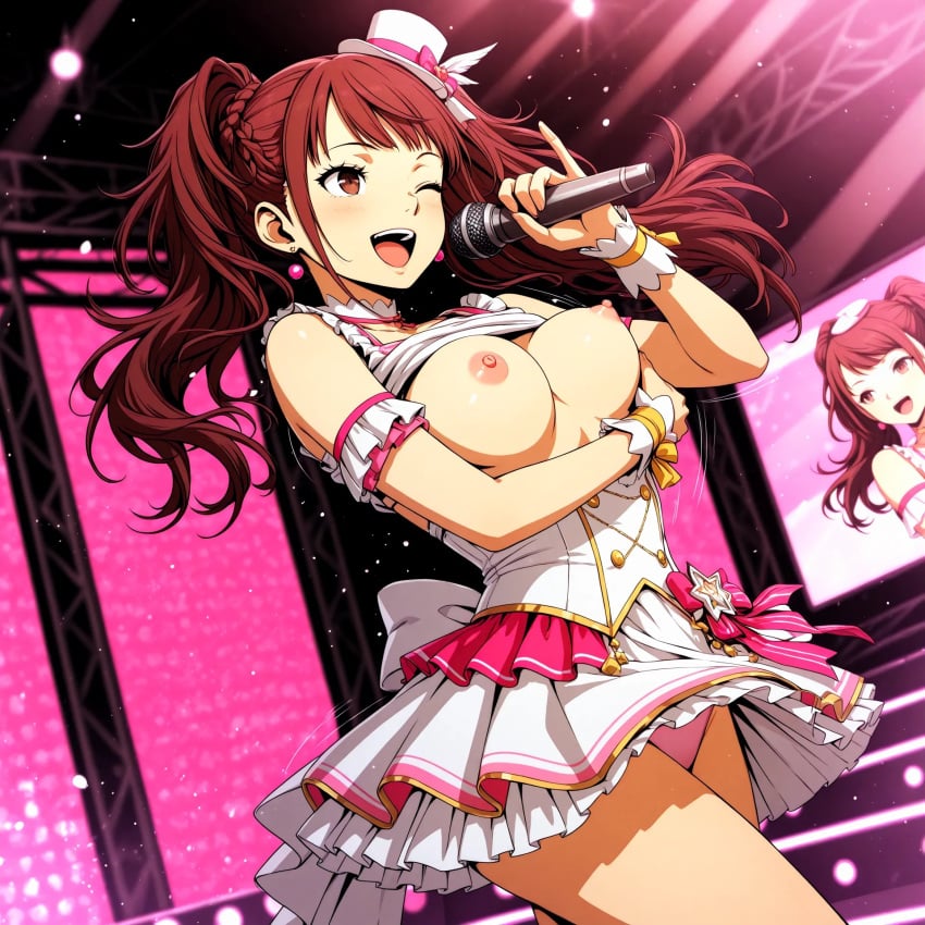 ai_generated flashing_breasts idol_clothes kujikawa_rise medium_breasts nipples on_stage persona_4 screen singing