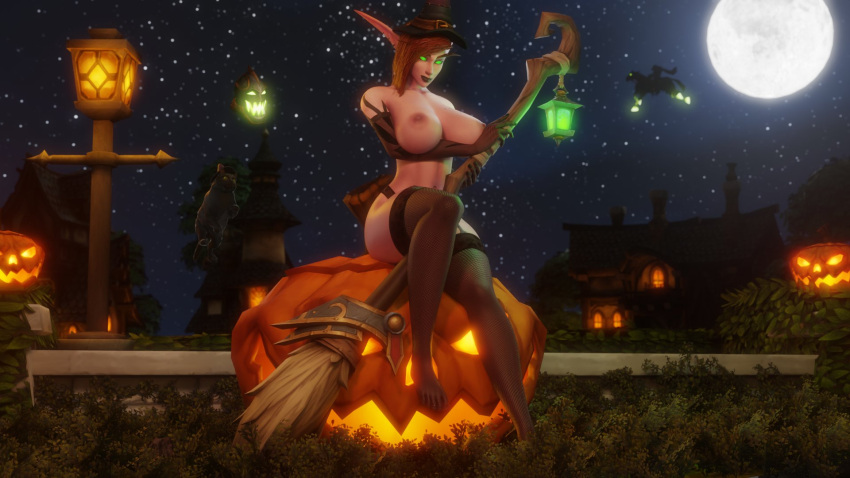 1girls 3d big_breasts blizzard_entertainment brown_hair female female_only green_eyes halloween huge_breasts jack-o'-lantern lunnaru morilymory night_elf original_character purple_skin solo stockings tattoo thick_thighs voluptuous voluptuous_female warcraft wide_hips witch_hat world_of_warcraft