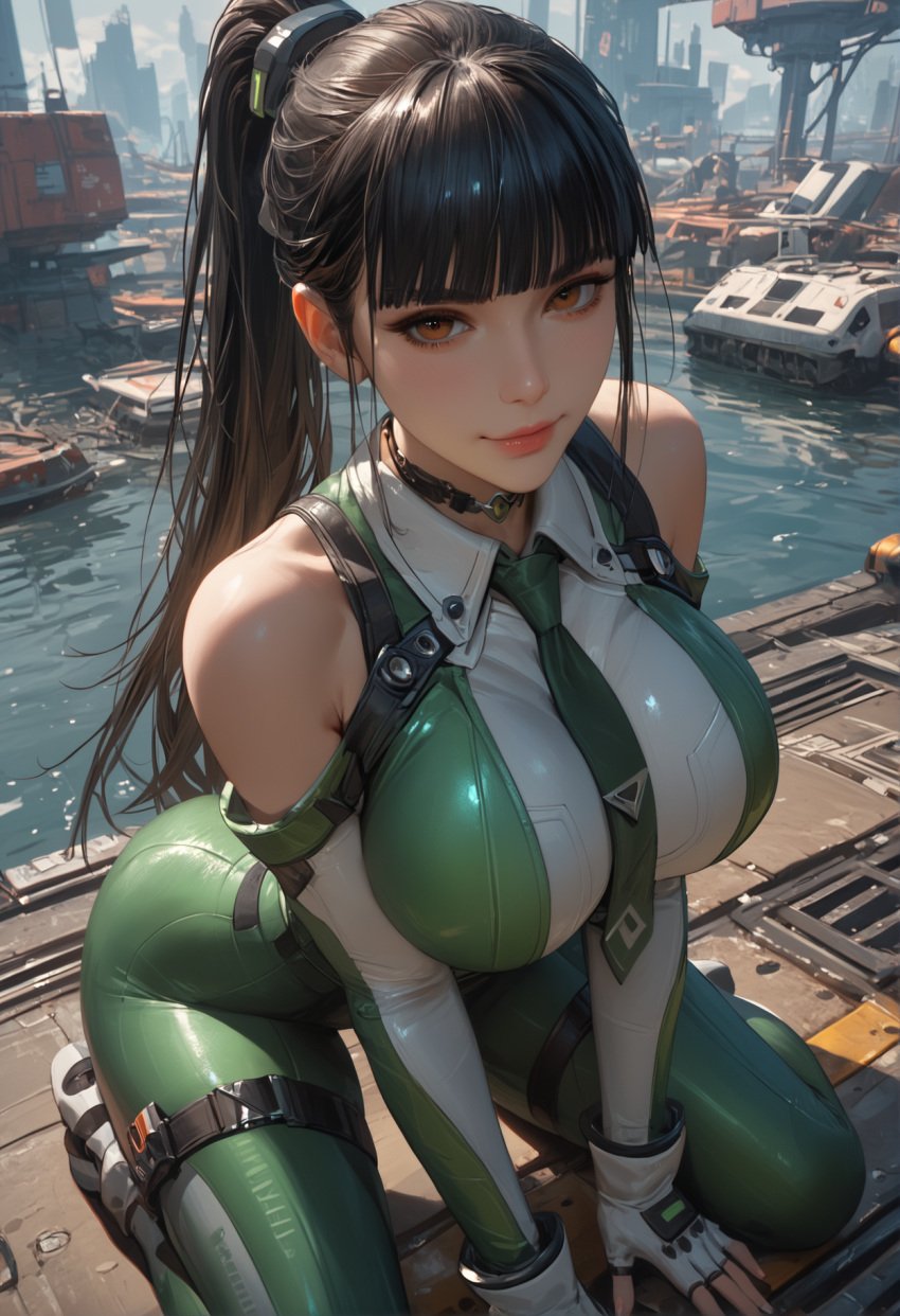 1girls ai_generated asian asian_female black_hair bodysuit brown_eyes eve_(stellar_blade) fingerless_gloves first_rate_female_body gloves green_bodysuit kneeling large_ass large_breasts light-skinned_female light_skin long_hair necktie perfect_body ponytail smile stellar_blade