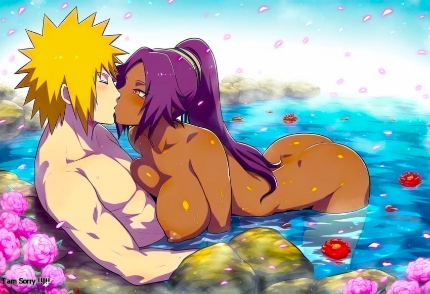 abs ai_generated anime beautiful_background beautiful_females bleach bleach:_the_thousand-year_blood_war blonde_hair breast_press cherry_blossoms chest crossover crossover_shipping dark_skin dark_skinned_female divine_beauty dreson falling_petals flower handsome kissing large_breasts minato_kiss_yoruichi nai_diffusion namikaze_minato naruto naruto_shippuden ninja nipples passionate passionate_sex petals purple_hair purple_ponytail romantic_couple sexy shihouin_yoruichi shinigami spiky_hair straight voluptuous voluptuous_female water