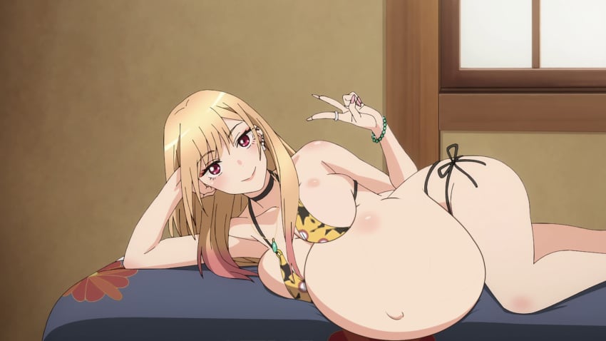 bikini blonde_hair edit heterosexual kitagawa_marin looking_at_viewer morphtothetop pregnant pregnant_belly sagging_belly screenshot_edit smiling_at_viewer sono_bisque_doll_wa_koi_wo_suru