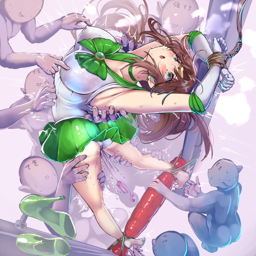 armpits arms_up ass barefoot bishoujo_senshi_sailor_moon blush bound bound_wrists bow breasts brooch brown_hair commentary_request elbow_gloves female gloves green_eyes heavy_breathing high_heels highres jewelry large_breasts makoto_kino monikano nipple_stimulation nipple_tweak open_mouth panties pole ponytail pussy_juice sailor_jupiter sex_toy skirt tiara tickling tickling_feet twitching underwear vibrator white_panties