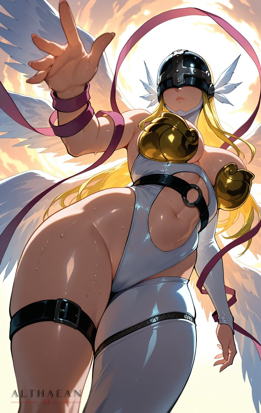 1girls ai_generated althaean angel_wings angewomon asymmetrical_gloves asymmetrical_legwear beautiful_background belly_button belt blonde_hair cleavage cleavage_cutout cleavage_overflow cloud curvy depth_of_field digimon expressionless female from_front_position helmet hidden_eyes holy looking_at_viewer low-angle_view mask midriff pinup reaching_out reaching_towards_viewer ribbon sky stable_diffusion sunbeam sweat tagme thick_thighs thigh_strap tummy voluptuous voluptuous_female wide_hips wings