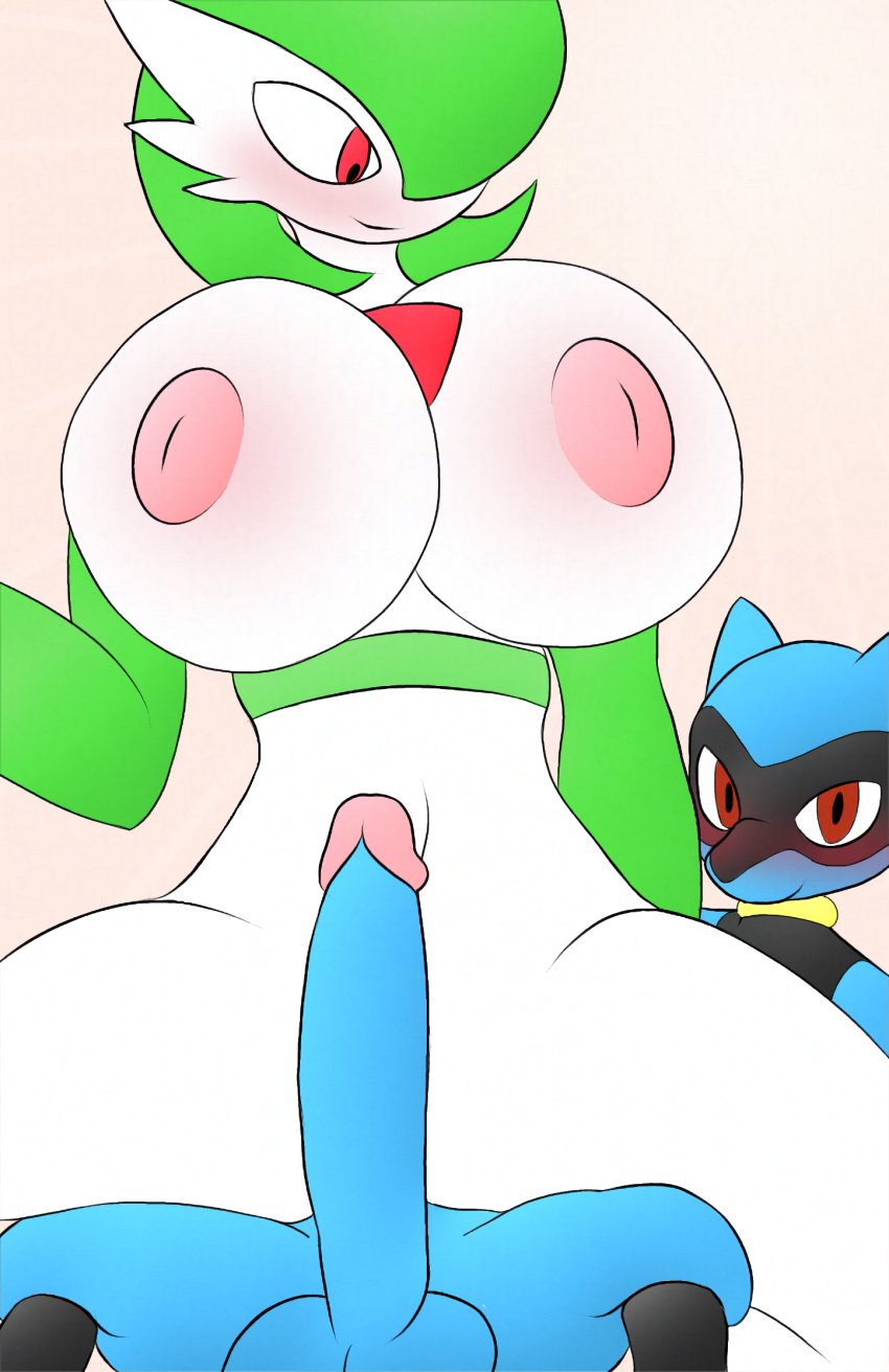 anthro blush furry furry_only gardevoir huge_breasts looking_at_viewer mkkstt8 pokemon pokemon_(species) riolu sex sirnight small_but_hung smaller_male