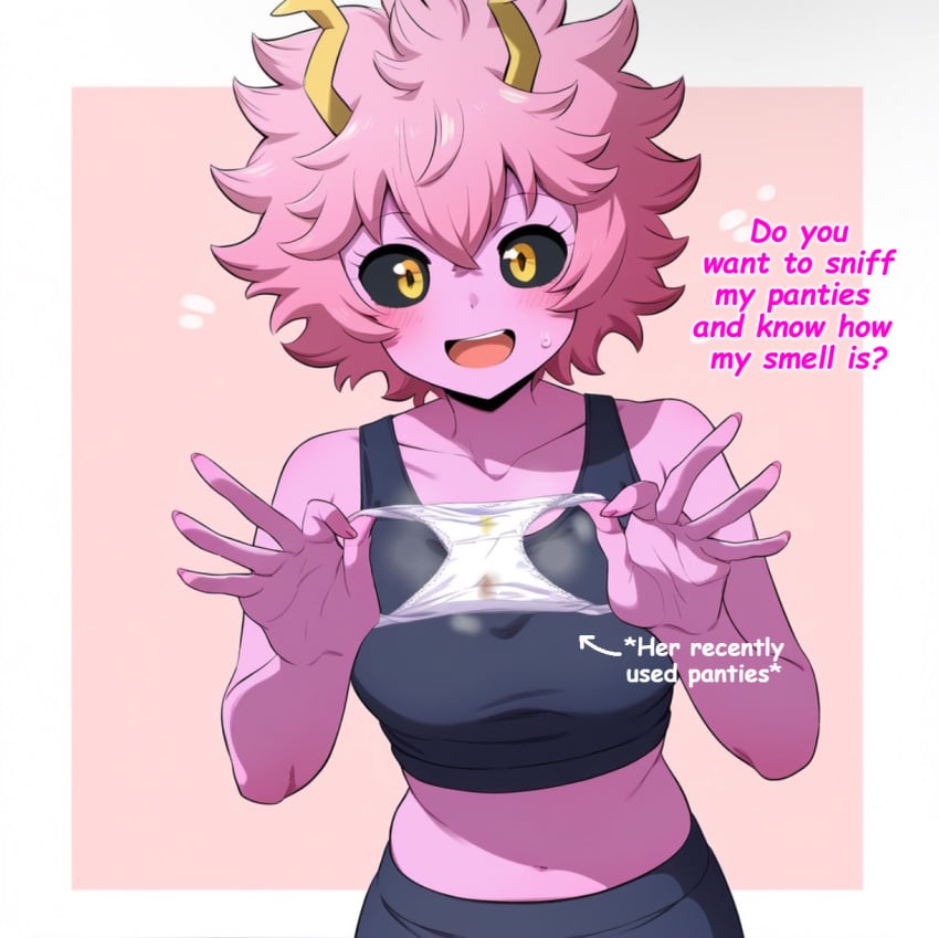 :d after_training ai alien_girl ashido_mina bare_shoulders black_bra black_clothes black_sclera black_shorts black_tights blush bodily_fluids boku_no_hero_academia bones_(company) bra clavicle cleavage clothing colored_sclera colored_skin cuyly_hair dirty dirty_panties dirty_underwear energetic english_language english_text eyelashes feces feces_in_panties feces_in_underwear female female_only fumes heroine high_school_student holding holding_clothes holding_panties holding_underwear horns looking_at_viewer medium_breasts midriff mina_ashido my_hero_academia navel open-mouth_smile open_mouth optimistic pee_stain pink_hair pink_skin poop poop_stain presenting_panties presenting_underwear sassy scat shirt shit shit_stain shit_stains shounen_jump simple_background smell smelly smile solo sports_bra stained_panties stinky student superheroine sweat sweatdrop tank_top teen teen_girl teenage teenage_girl teenager teeth text tights tomboy underwear upper_body urine white_panties yellow_eyes young