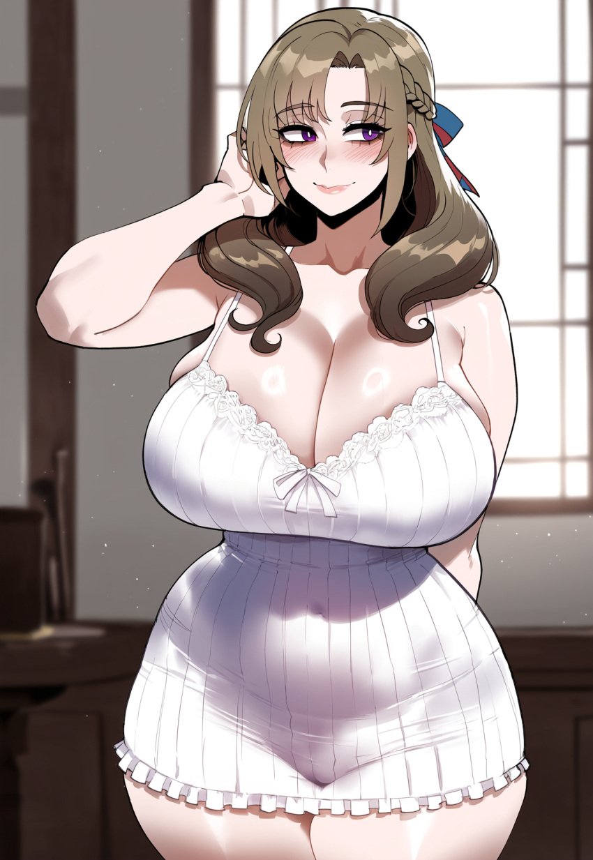 ai_generated ass ass_focus bedroom big_ass big_breasts big_butt big_thighs blush braid brown_hair cleavage clothing day dijiai female female_only focus from_front_position front_view hand_in_hair hourglass_figure indoors looking_to_the_side milf mommy nightgown oosuki_mamako purple_eyes round_ass round_butt smile standing thiccwithaq_(ai_style) thick thick_ass thick_butt thick_legs thick_thighs thighs tsuujou_kougeki_ga_zentai_kougeki_de_ni-kai_kougeki_no_okaasan_wa_suki_desu_ka? wide_hips