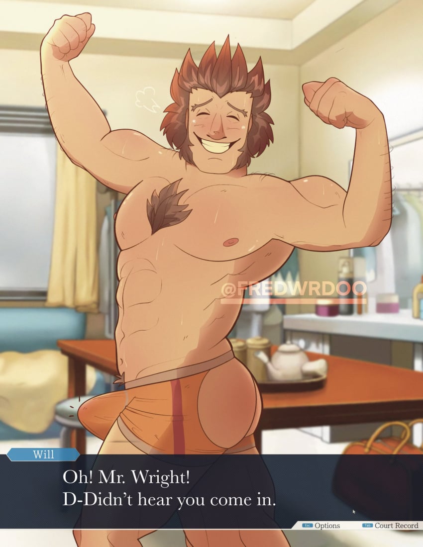 balls bara blush boner erection erection_under_clothes facial_hair flexing gyakuten_saiban male male_only muscles muscular penis solo solo_male sweat sweating text_box underwear will_powers xknookie