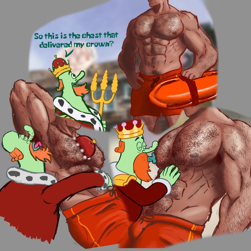 2boys armpit_fetish armpit_hair body_hair crown david_hasselhoff gay hairy hairy_armpits hairy_chest human humanoid king king_neptune male male/male muscular muscular_male nickelodeon nipple_suck open_mouth pecs royalty spongebob_squarepants the_spongebob_squarepants_movie