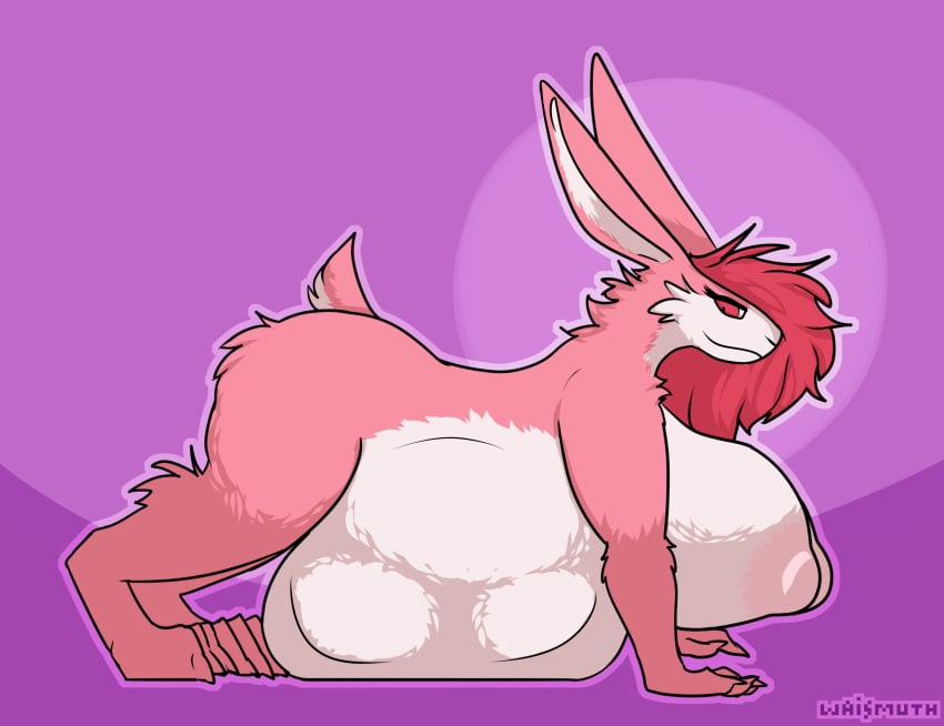 after_vore all_fours anthro ass belly big_belly big_breasts big_butt bodily_fluids breasts bulge cel_shading digestion female fur hair hanging_belly hi_res lagomorph leporid lilly_(waismuth) lying mammal on_front overweight overweight_anthro overweight_female pink_body pink_fur pink_hair rabbit shaded simple_background soft_vore solo vore waismuth yoga