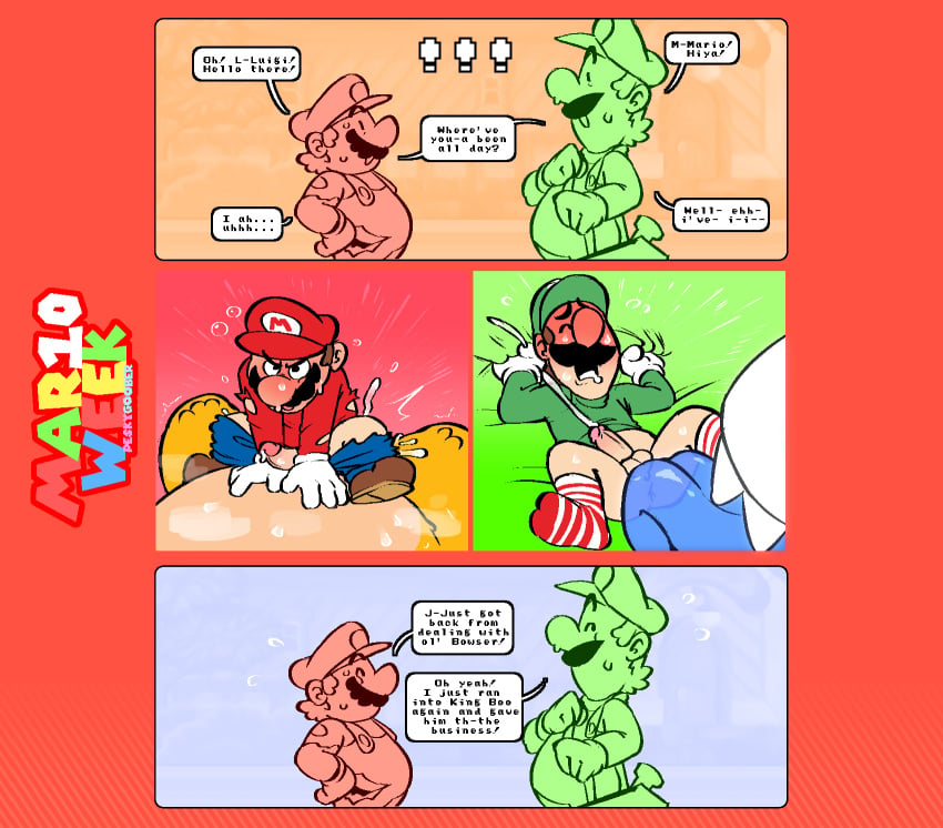 4boys anal anal_sex anthro anthro_on_anthro blue_overalls blue_tongue blush bodily_fluids boo_(mario) bottomless bottomless_male bowser brown_hair clothing cum cumshot ejaculation erection gay gay_sex genitals ghost gloves green_hat green_shirt hat human human_on_anthro humanoid humanoid_on_anthro interspecies king_boo koopa larger_male licking_anus light-skinned_male light_skin luigi luigi's_mansion male male/male mammal mario mario_(series) moustache naughtybassard nintendo open_mouth orgasm orgasm_face overalls penis penis_in_anus red_hat red_shirt reptile scalie sex sharp_teeth size_difference smaller_male sweat sweating tongue tongue_out torquewintress unseen_male_face white_gloves