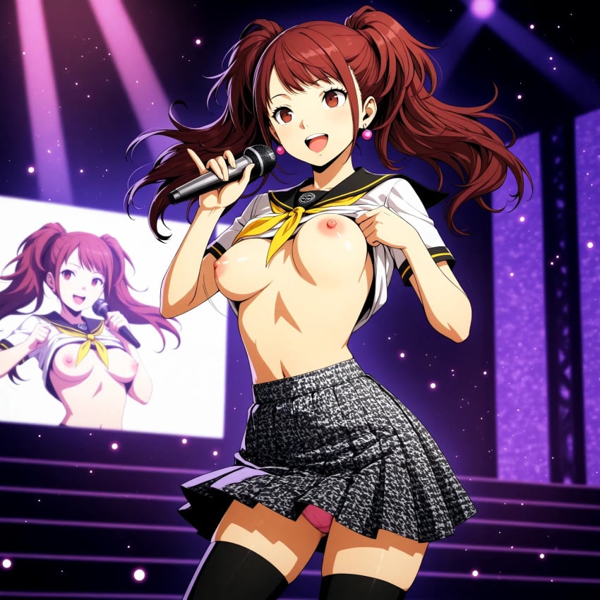 ai_generated flashing_breasts kujikawa_rise medium_breasts nipples on_stage persona persona_4 screen singing