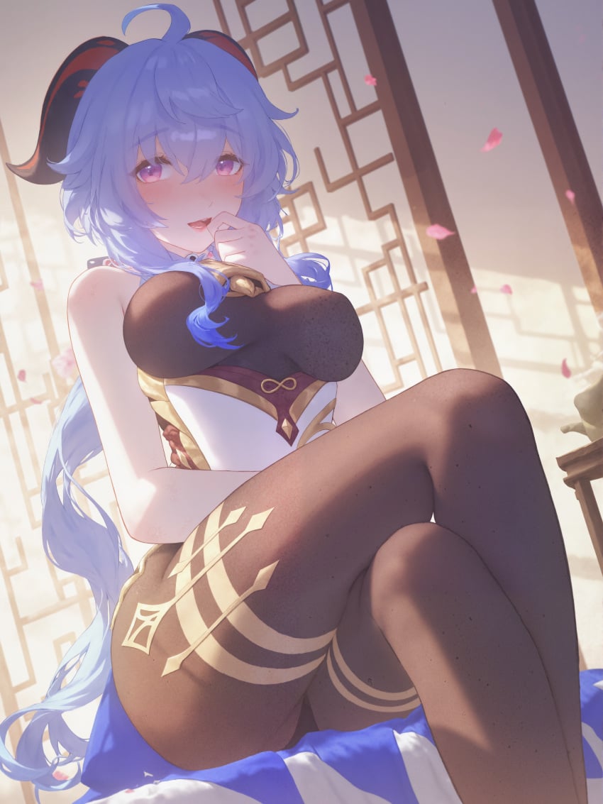 :d absurd_res ahoge ai_generated bare_arms bare_shoulders bell black_leotard black_pantyhose blue_hair blush bodystocking breasts brown_leotard brown_pantyhose cowbell crossed_legs falling_petals feet_out_of_frame female from_below ganyu_(genshin_impact) genshin_impact goat_horns gold_trim hair_between_eyes hand_to_own_mouth hand_up horns indoors large_breasts leotard leotard_under_clothes long_hair looking_at_viewer low_ponytail medium_breasts ministro neck_bell no_gloves nose_blush open_mouth pantyhose petals purple_eyes sidelocks sitting sleeveless smile solo teapot thighlet thighs very_long_hair