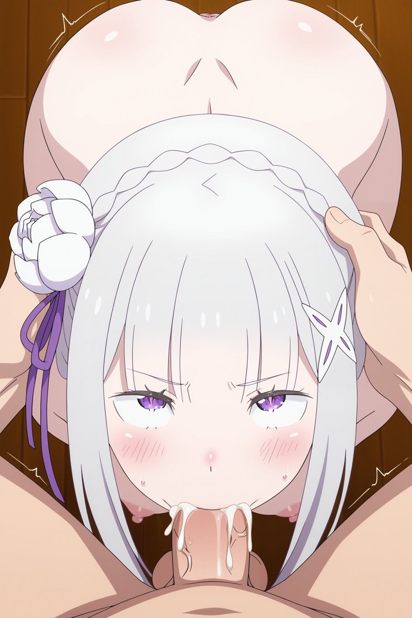 ai_generated ass ass_focus big_ass big_breasts blowjob cum_in_mouth deep_blowjob deepthroat elf elf_ears elf_female emilia_(re:zero) faceless_male fellatio large_ass metalchromex oral oral_sex pov re:zero_kara_hajimeru_isekai_seikatsu silver_hair sucking_penis swallowing swallowing_cum violet_eyes