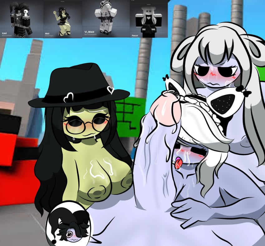 1boy 2d 2girls 3d_background background breasts collaborative_fellatio digital_art digital_drawing digital_media digital_painting edit female hair large_breasts licking_penis naked naked_female nipples nude nude_female reference_image roblox roblox_avatar roblox_background robloxian shawmel tagme