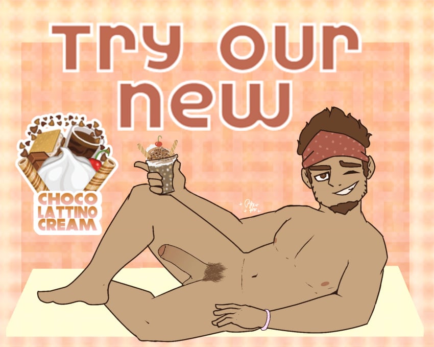 advertising alberto_(papa_louie) average_sized_penis bandana belly_button bracelet brown_eyes brown_hair flat_colors flipline_studios foreskin goatee grin holding_food holding_object human latino_male laying_on_side looking_at_viewer nude nude_male papa_louie penis posing_for_the_viewer pubic_hair simple_background solo solo_male tan_body text uncut video_game_character winking_at_viewer