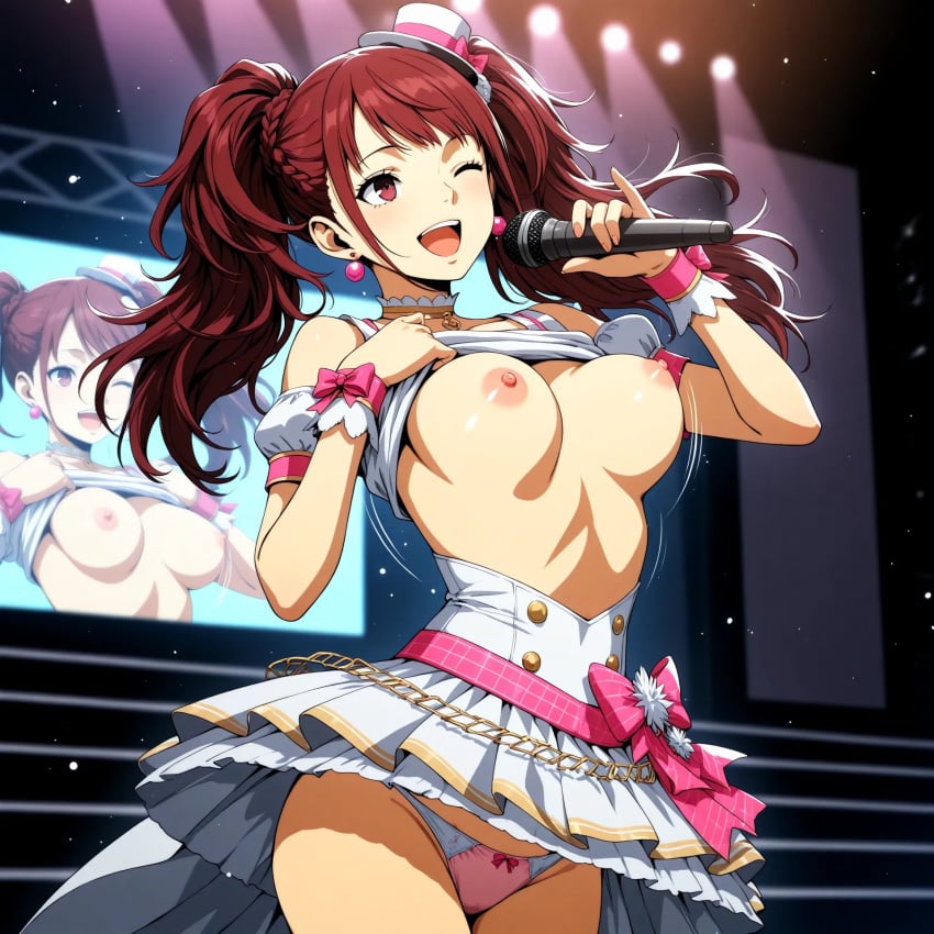 ai_generated flashing_breasts idol_clothes kujikawa_rise medium_breasts nipples on_stage persona_4 screen singing