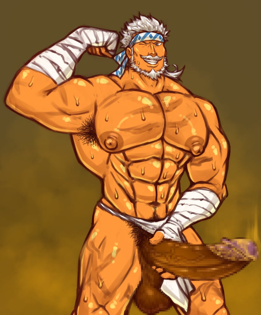 armpit armpit_hair balls bara beard big_balls big_penis boner censored_penis erection facial_hair flexing granblue_fantasy male male_only mojamoja muscles muscular penis smegma solo solo_male soriz sweat sweating