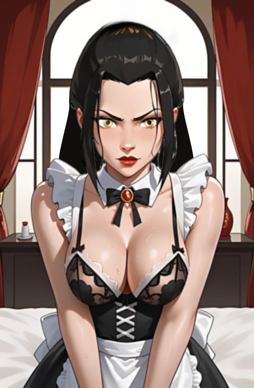 ai_generated amber_eyes avatar_the_last_airbender azula hair_down maid_outfit red_curtains window