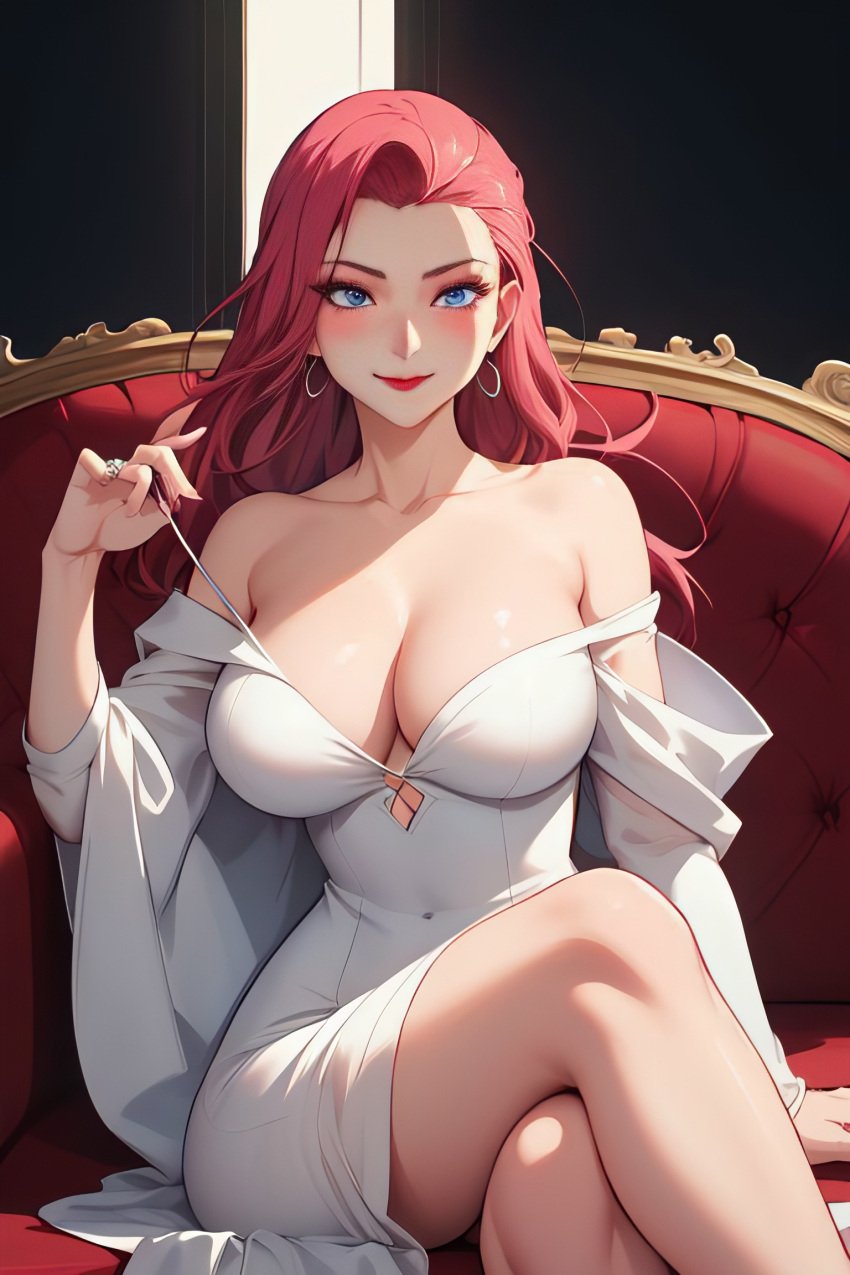 1girls ai_generated big_breasts blush cleavage crossed_legs dress horny_female jessie_(pokemon) large_breasts lust pokemon solo wedding_dress white_dress