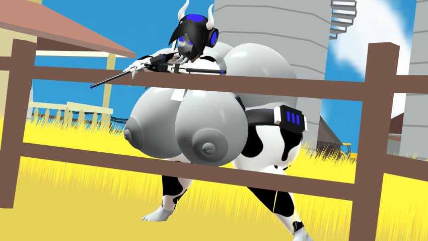 bent_over cow_print cowprint exposed_breasts fence huge_ass huge_breasts massive_ass massive_breasts retrotune vrchat vrchat_avatar