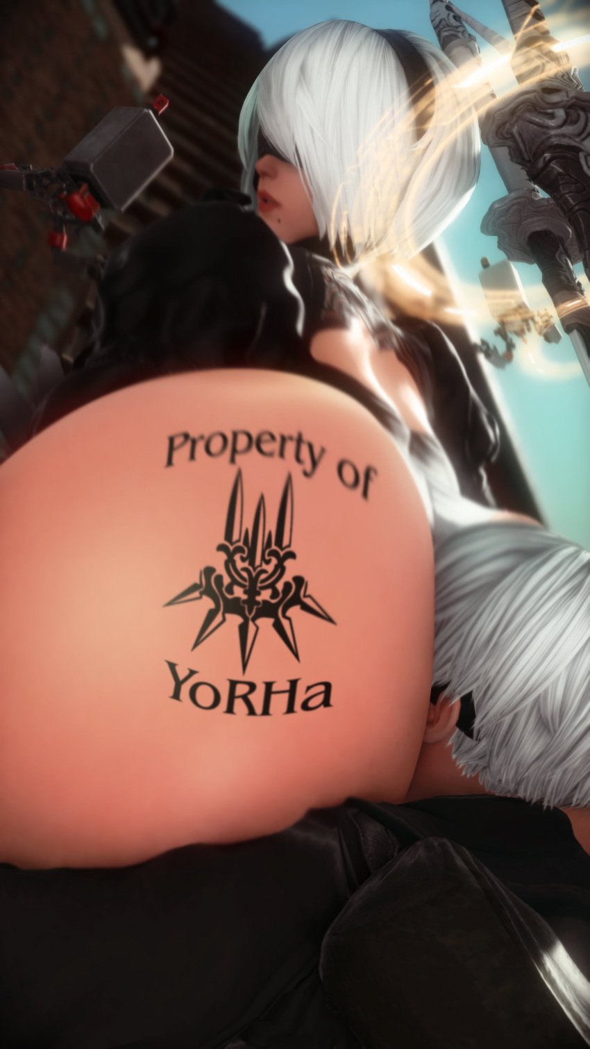 1boy 1girls 3d ass blindfold body_writing eating_ass facesitting femdom huge_ass nier:_automata nier_(series) short_hair sinilyra smothering white_hair yorha_2b yorha_9s