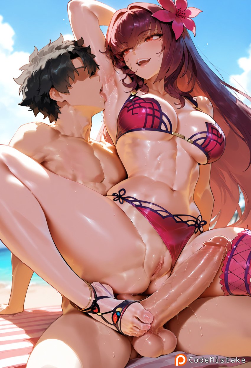 ai_generated arm_up armpit beach beach_towel bikini bikini_bottom bikini_bottom_aside bikini_top black_hair blue_sky cleavage clouds codemistake completely_nude day faceless_male fate/grand_order fate_(series) foot_on_penis fujimaru_ritsuka_(male) hand_behind_head large_penis licking_armpit midriff navel on_ground on_lap on_person on_towel open_mouth patreon patreon_logo patreon_reward patreon_url penis precum purple_bikini purple_hair pussy red_eyes scathach_(fate) scathach_(swimsuit_assassin) sitting smile spread_legs testicles thighs tongue_out two-tone_bikini