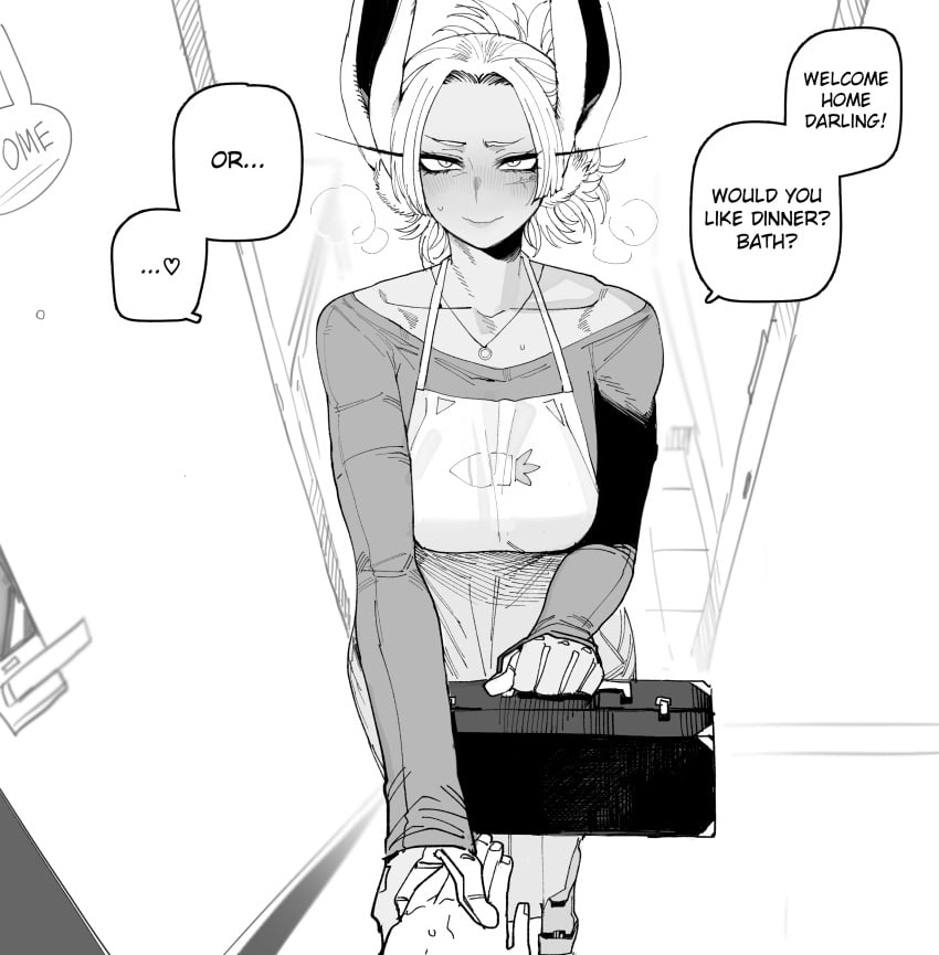 1girls apron athletic_female black_and_white blush boku_no_hero_academia bunny_ears dark-skinned_female dinner_bath_or_me english english_text femsub fit_female good_end holding_hand housewife kemonomimi male_pov miruko mr.skull muscular_female my_hero_academia post-timeskip prosthetic ratatatat74 rumi_usagiyama unseen_male_face