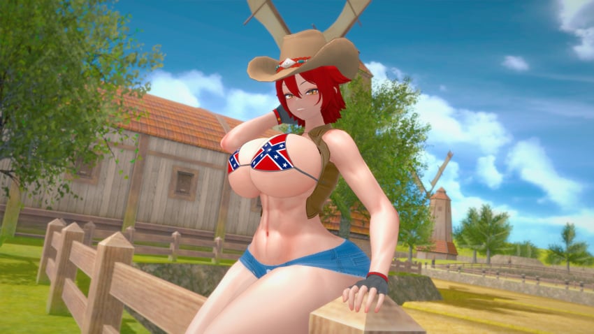 1girls 3d abs confederate_flag_bikini cowboy_hat female fence goddess_of_victory:_nikke koikatsu red_hair red_hood_(nikke) short_hair yellow_eyes