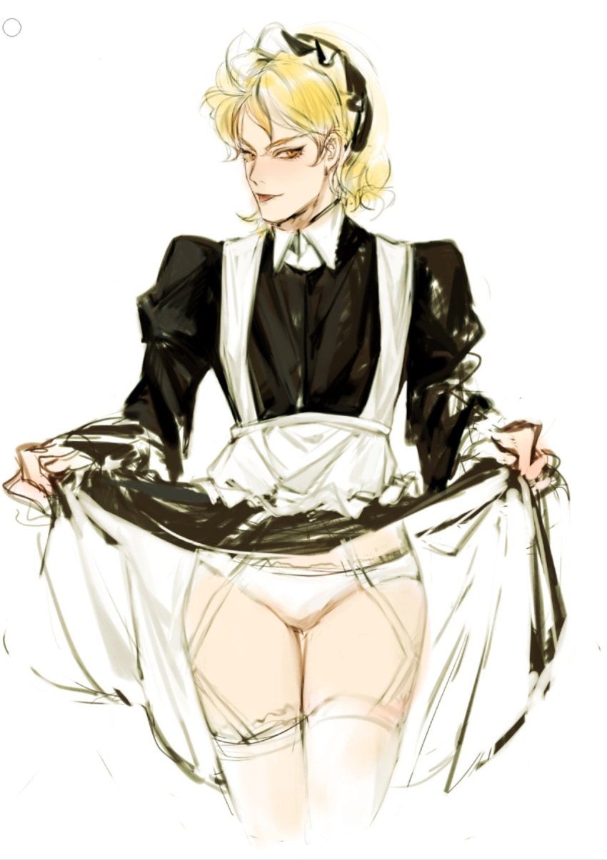 androgynous blonde_hair crossdressing dio_brando feminine_male jojo&#039;s_bizarre_adventure maid maid_apron maid_headdress maid_outfit maid_uniform pale_skin phantom_blood solo