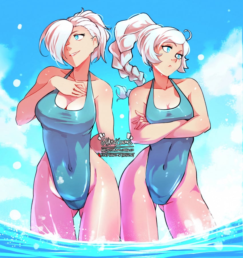 2girls big_breasts breasts female female_only haysey_draws multiple_girls one-piece_swimsuit rwby sisters swimsuit weiss_schnee white_hair winter_schnee