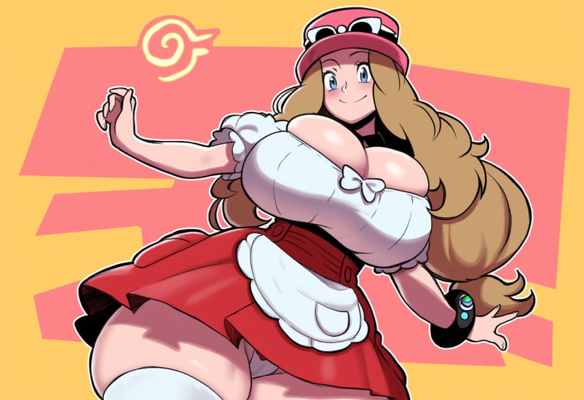 ai_generated blue_eyes breasts_bigger_than_head brown_hair female game_freak huge_breasts large_breasts mullon nintendo novelai pokemon pokemon_xy serena_(pokemon) solo thick_thighs top_heavy