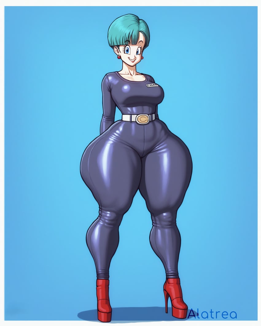 1girls ai_generated alatrea blue_eyes blue_hair bottom_heavy bulma_(dragon_ball) bulma_briefs bulma_briefs clothed dragon_ball dragon_ball_z high_heels huge_hips huge_thighs large_calves large_thighs skintight_bodysuit small_waist solo thick_calves thick_legs thick_thighs tight_clothing wide_thighs