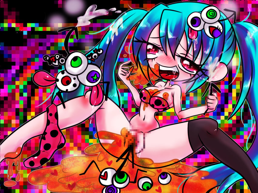 aqua_hair ashimisaki bottomless breasts censored creature cum female hatsune_miku highres large_breasts licking mosaic_censoring open_mouth panties panties_around_one_leg pink_eyes pixelated_background single_thighhigh spread_legs thighhighs thighs tongue tongue_out twintails underwear vocaloid vomit vomiting