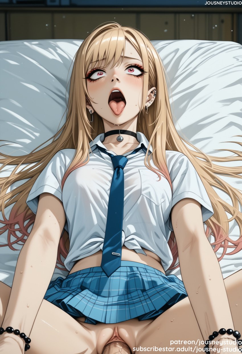 1boy ahe_gao ai_generated bangs bed bed_sheet black_choker blonde_hair blue_skirt blush bracelet breasts choker clitoris clothed_sex clothes_lift clothing cowgirl_position cowgirl_position ear_piercing earrings female female gyaru indoors jewelry jousneystudio kitagawa_marin large_breasts light-skinned_female long_hair looking_at_viewer lying male male_pov medium_breasts navel necktie neckwear nipples nude on_back on_bed on_top open_mouth penis piercing pillow plaid plaid_skirt pleated_skirt pov red_eyes saliva school_uniform sex shirt short_sleeves skirt skirt_lift skirt_pull smile solo_focus sono_bisque_doll_wa_koi_wo_suru spread_legs straddling straight sweat teeth thighs tied_shirt tongue tongue_out tongue_piercing uncensored uniform vagina vaginal_juices vaginal_penetration white_shirt