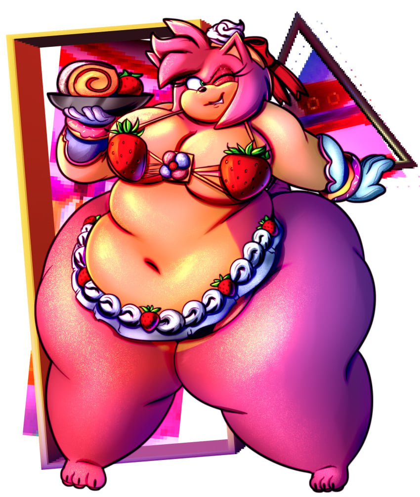 amy_rose belly_overhang big_belly big_breasts bikini bow chubby_face dessert fat flabby_arms flabby_legs food_themed_clothes green_eyes headband hedgehog mrnobodycares nobody-64 obese obese_anthro obese_female overweight overweight_anthro overweight_female pink_fur pink_hair sonic_the_hedgehog_(series) tan_arms tan_belly tan_breasts thick_thighs white_gloves wide_hips wink