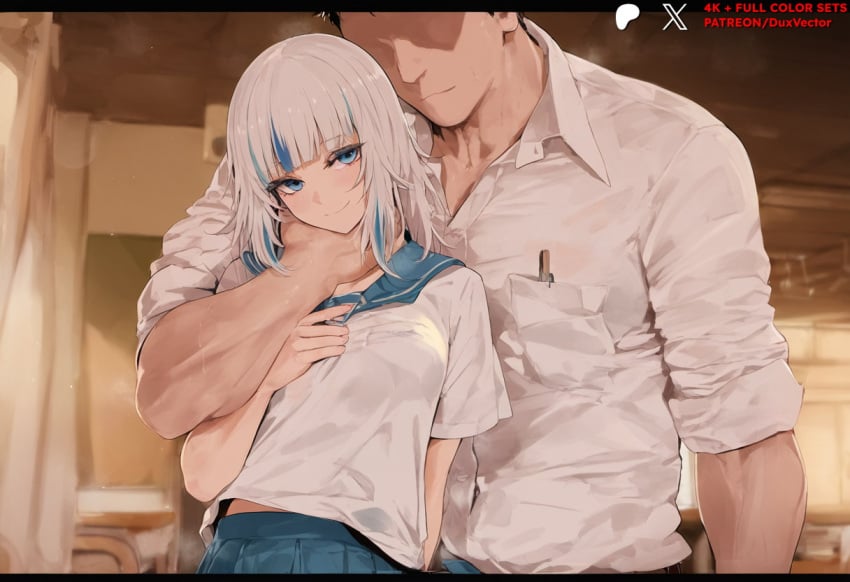 1boy ai_generated bangs blue_eyes blue_hair blue_skirt blunt_bangs blush breasts classroom closed_mouth clothing collared_shirt desk duxvector faceless faceless_male female female gawr_gura gawr_gura_ch. grabbing grey_hair groping hair_ornament hololive hololive_english indoors large_breasts letterboxed long_hair long_sleeves looking_at_viewer male manly multicolored_hair neckwear netorare ntr pleated_skirt sailor_collar school_uniform serafuku shark_girl shirt short_hair short_sleeves skirt smile solo_focus straight streaked_hair sweat uniform virtual_youtuber white_hair white_shirt