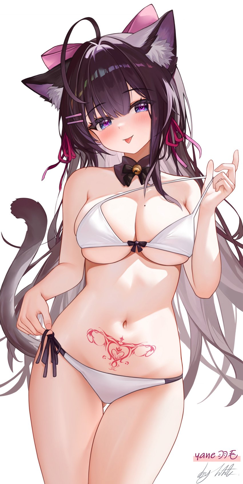 1girls :p absurdres ahoge animal_ear_fluff animal_ears ass_visible_through_thighs bare_arms bare_shoulders bell bikini black_bow black_bowtie blue_eyes bow bowtie breasts brown_hair brown_tail cat_ears cat_girl cat_tail cleavage closed_mouth colored_inner_hair cowboy_shot detached_collar female female_only hair_ornament hair_ribbon hairbow hairclip half-closed_eyes halterneck hand_up head_tilt highres holding_strap huge_ahoge jingle_bell large_breasts light_blush liht long_hair looking_at_viewer mole mole_on_breast multicolored_hair navel neck_bell original pink_bow pink_pupils pubic_tattoo red_ribbon ribbon side-tie_bikini_bottom simple_background skindentation smile solo standing stomach strap_pull string_bikini swimsuit tail tail_raised tattoo teasing thigh_gap tongue tongue_out underboob undressing very_long_hair white_background white_bikini