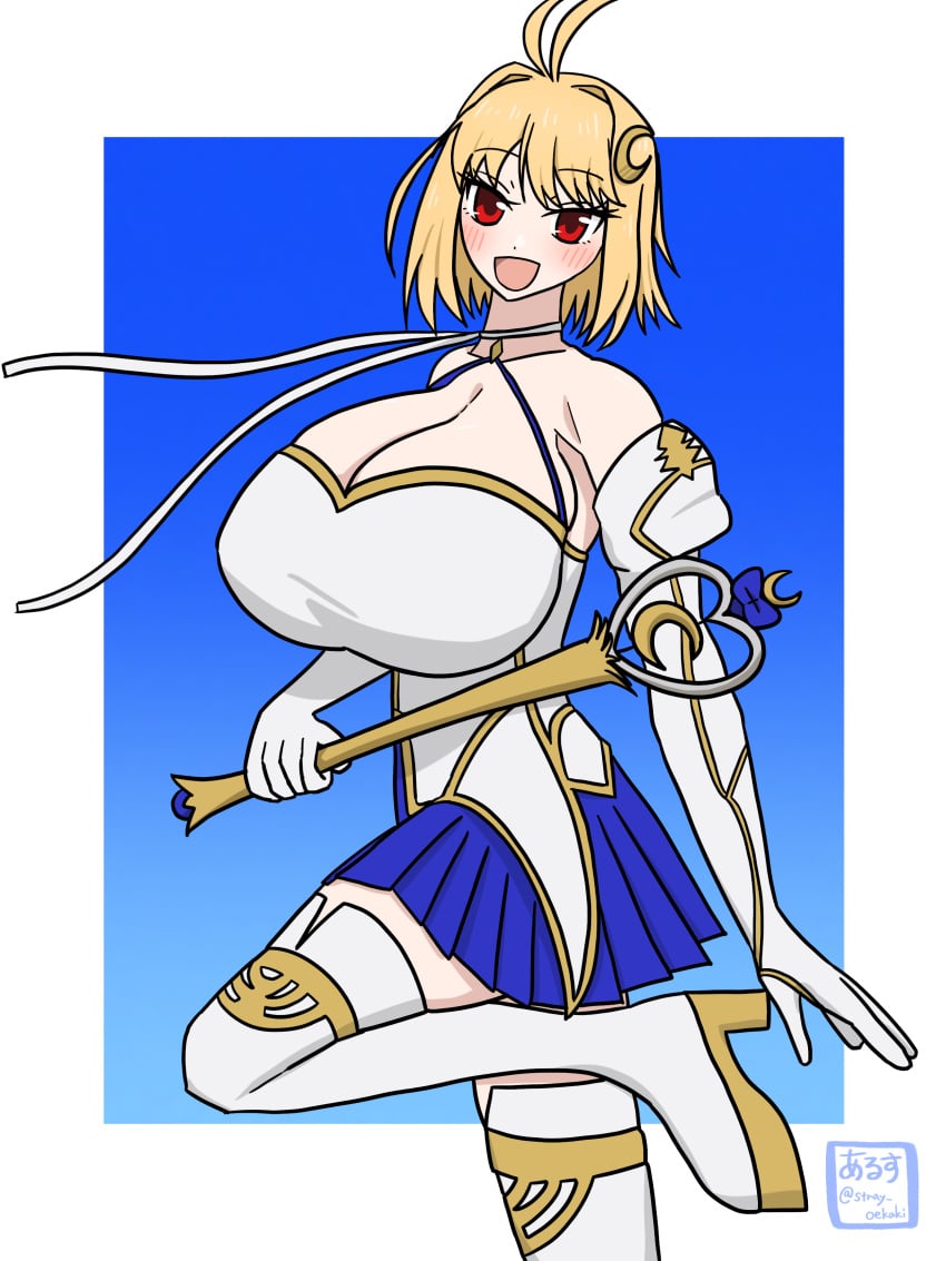 ahoge alternate_breast_size arcueid_brunestud bare_shoulders big_breasts blonde_hair blue_skin blush breast_focus breasts_bigger_than_head choker cleavage crescent crescent_hair_ornament detached_sleeves enormous_breasts fate/grand_order fate_(series) gigantic_breasts heels holding_object huge_breasts large_breasts long_gloves magic_wand magical_girl phantas-moon red_eyes ribbon short_hair skirt smile thighhighs top_heavy tsukihime wand white_dress