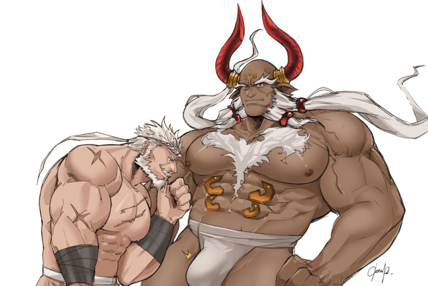 balls bara beard bulge draph facial_hair flaccid ghandagoza granblue_fantasy horns male male_only muscles muscular nongnakk penis size_difference soriz