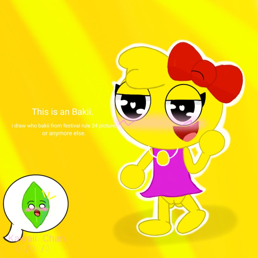 1:1 2021 :d :o bakii battle_for_dream_island blonde_hair blush blush_lines bottomless bow dress english_text festivalv happy heart heart-shaped_pupils highres kawaii3chan leafy_(bfdi) no_panties non-human object_shows open_mouth pink_dress pussy red_bow sleeveless symbol-shaped_pupils text yellow_background yellow_body yellow_skin youtube