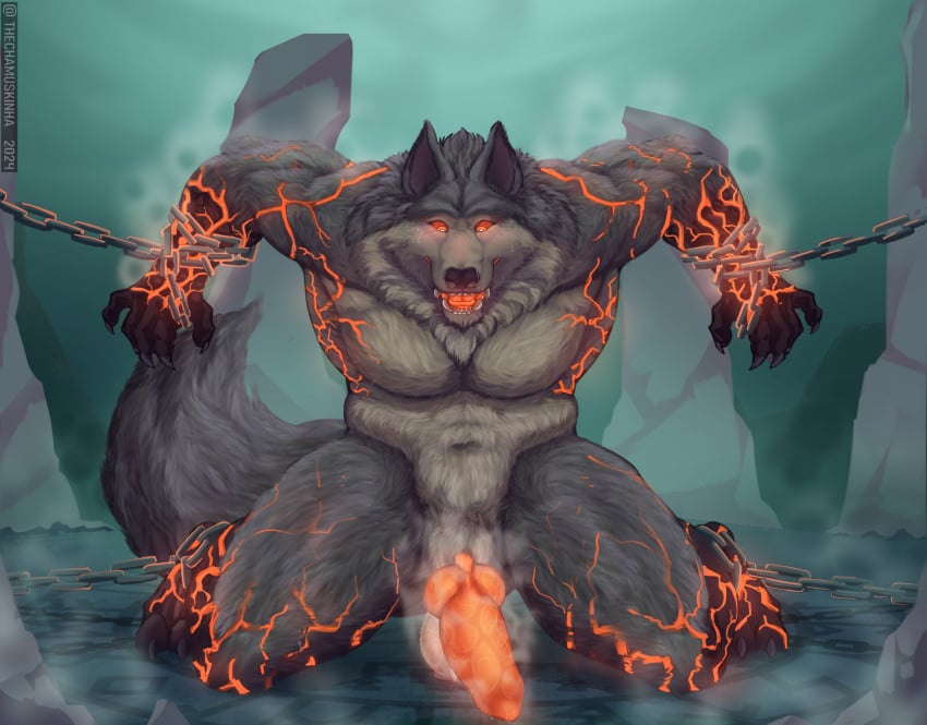 absurd_res animal_genitalia anthro balls big_breasts bondage breasts canid canine canine_genitalia canis chamuskinha digital_media_(artwork) elemental_creature elemental_manipulation fenrir_(smite) fire fire_manipulation fur genitals hi_res humanoid knot knot_in_sheath knotted_penis lava lava_creature male mammal mineral_fauna musk musky_butt musky_penis mythological_canine mythological_creature mythology nipples nude penis sheath simple_background smite solo steam tail werecanid werecanine werecreature werewolf wolf