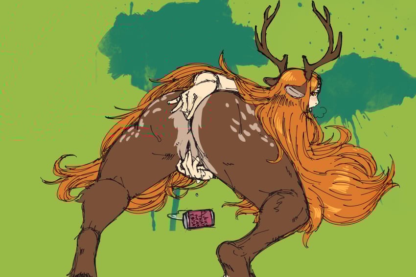 3:2 anal anal_fingering antlers anus aphrodisiac ass ass_up beverage blush bodily_fluids breath brown_body brown_fur dripping_pussy faun female fingering freya_agalith fur genital_fluids genitals hair hi_res horn humanoid light_body light_skin long_hair looking_at_viewer looking_back mammal on_ground orange_hair presenting presenting_hindquarters presenting_pussy pussy satyr simple_background solo vaginal_fluids vaginal_penetration zerospanda