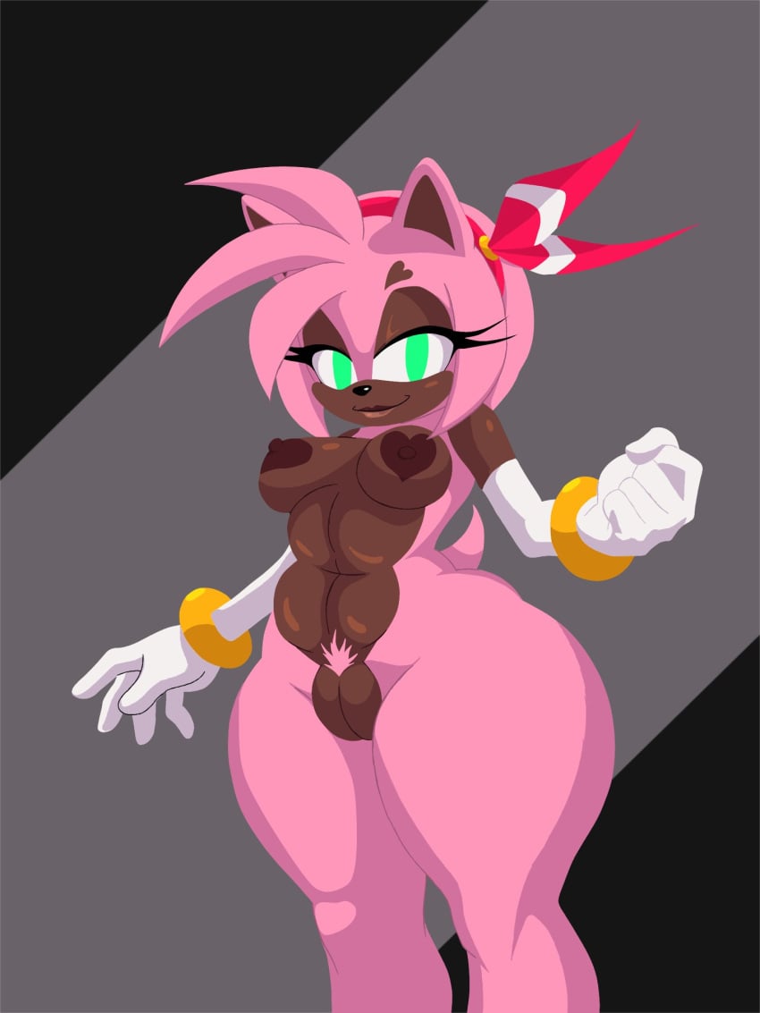 accessory amy_rose anthro armwear bracelet breasts clothing dark_body dark_skin elbow_gloves eulipotyphlan female genitals gloves green_eyes hair_accessory hairband handwear heart_nipples hedgehog hi_res jewelry mammal nipples nude nude_female pink_body pubes pussy sega smile smiling_at_viewer solo sonic_the_hedgehog_(series) tail thick_thighs ultra4rtznsfw