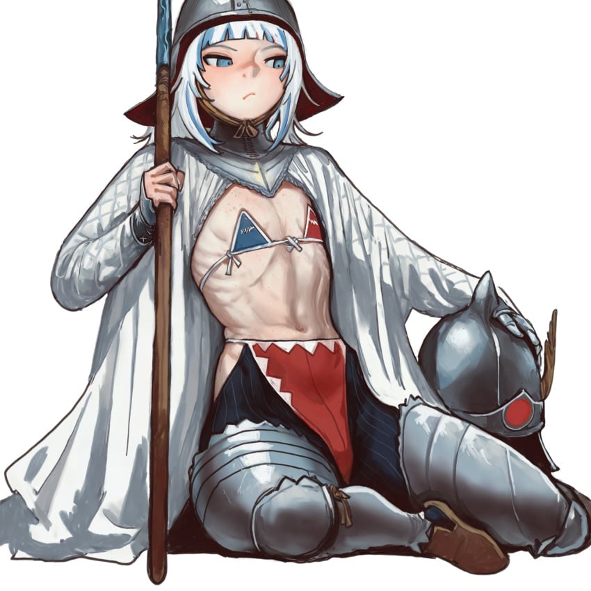 alternate_costume armor bikini_top blue_eyes blue_highlights cape female gambeson gawr_gura helmet hi_res holding_object holding_weapon hololive hololive_english looking_away medieval sitting slim wheel_of_fortune_(director) white_background white_hair