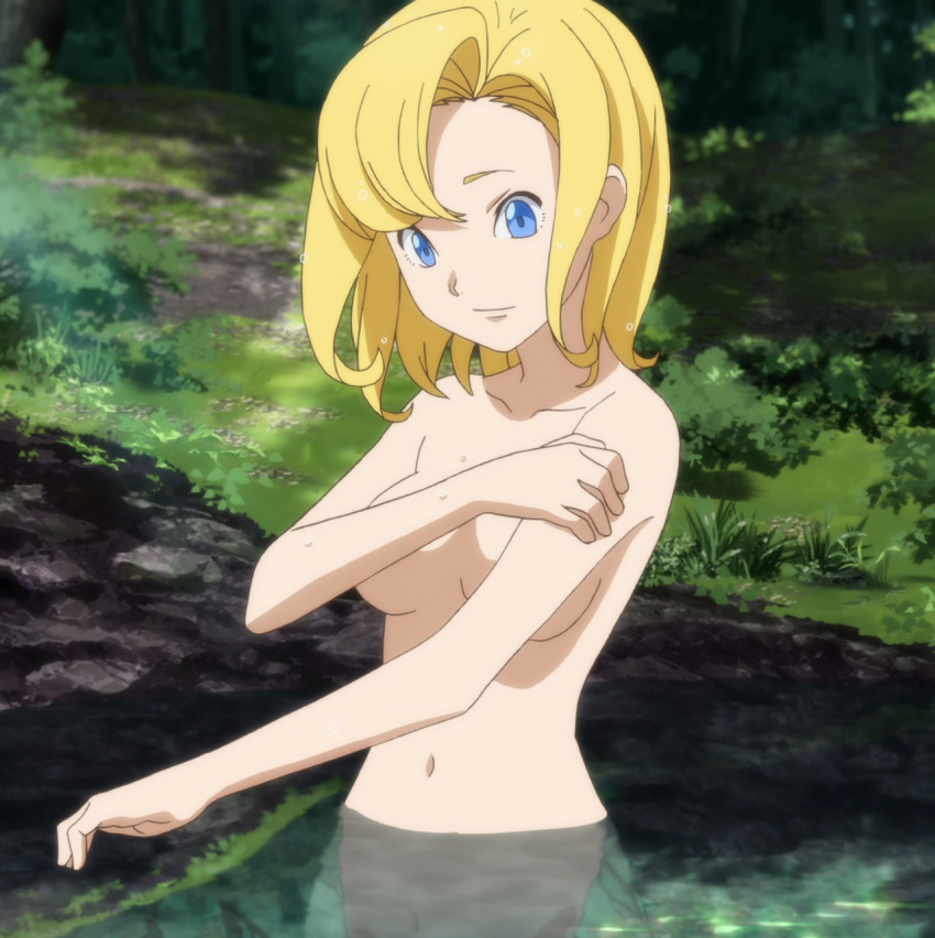 armpits arms bath big_breasts blonde_female blonde_hair blue_eyes breasts collarbone forest hands hips junketsu_no_maria light-skinned_female light_skin maria_(junketsu_no_maria) me river short_hair shoulders tag waist wood